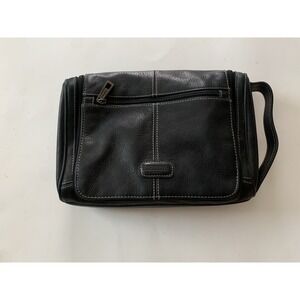 Fossil Black Leather Toiletry Bag Dopp Kit Mens Travel Shaving Case Organizer